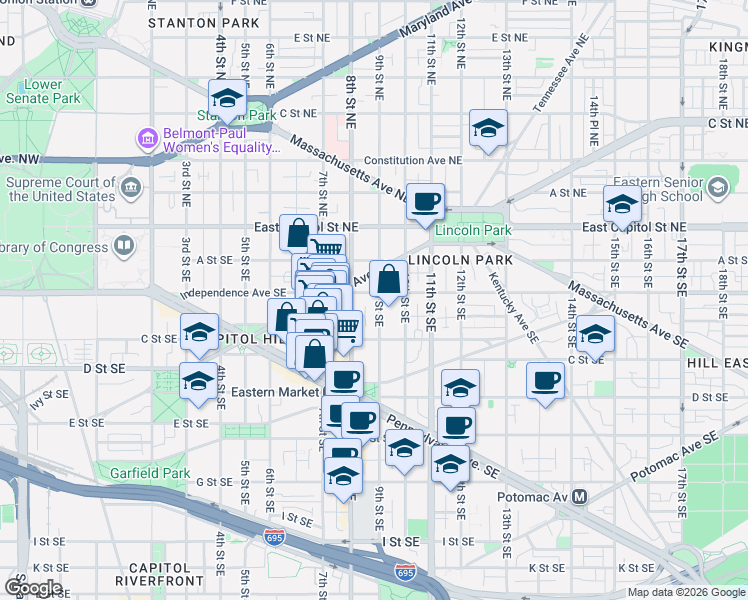 map of restaurants, bars, coffee shops, grocery stores, and more near 101 Independence Avenue Southeast in Washington