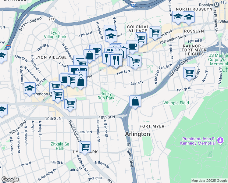 map of restaurants, bars, coffee shops, grocery stores, and more near 1200 North Wayne Street in Arlington
