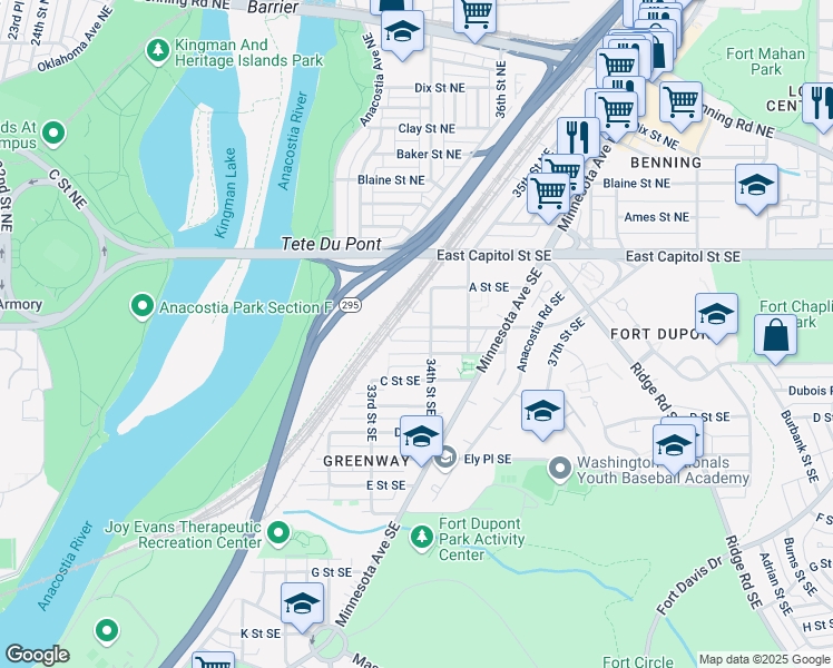 map of restaurants, bars, coffee shops, grocery stores, and more near 3321 B Street Southeast in Washington