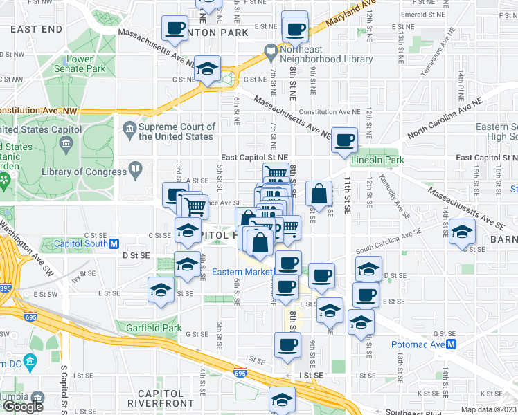 map of restaurants, bars, coffee shops, grocery stores, and more near 640 North Carolina Avenue Southeast in Washington