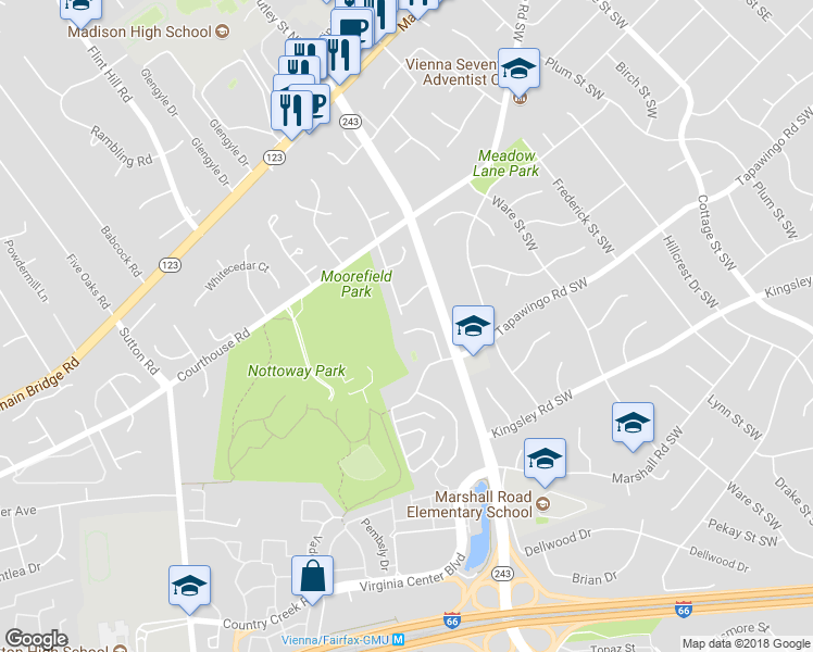 map of restaurants, bars, coffee shops, grocery stores, and more near 734 Hunter Court Southwest in Vienna
