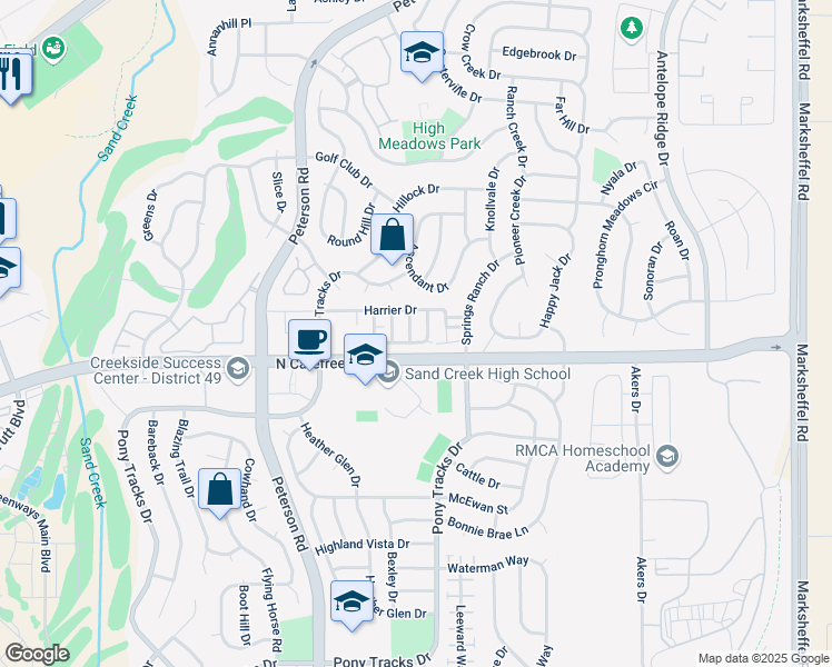 map of restaurants, bars, coffee shops, grocery stores, and more near 3758 Swainson Drive in Colorado Springs