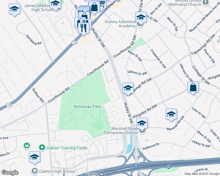 map of restaurants, bars, coffee shops, grocery stores, and more near 734 Hunter Court Southwest in Vienna