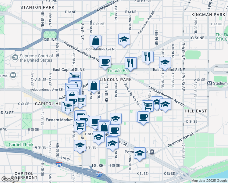 map of restaurants, bars, coffee shops, grocery stores, and more near 1127 Independence Avenue Southeast in Washington