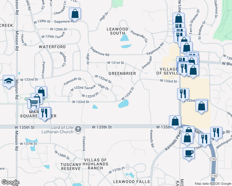 map of restaurants, bars, coffee shops, grocery stores, and more near 13287 High Drive in Leawood