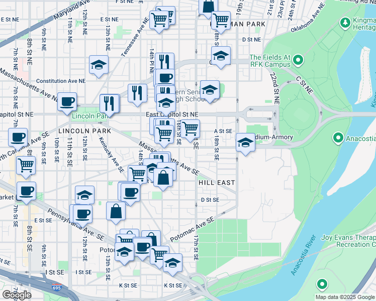 map of restaurants, bars, coffee shops, grocery stores, and more near 1619 Independence Avenue Southeast in Washington