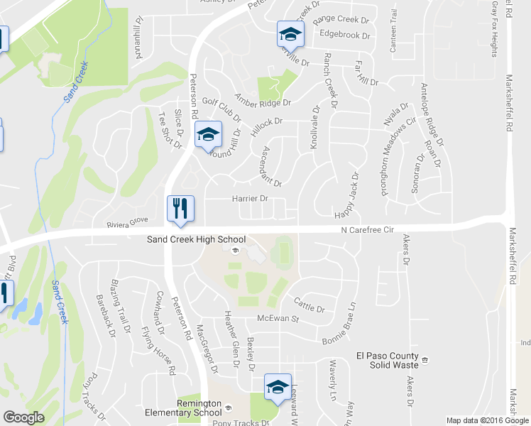 map of restaurants, bars, coffee shops, grocery stores, and more near 3758 Swainson Drive in Colorado Springs