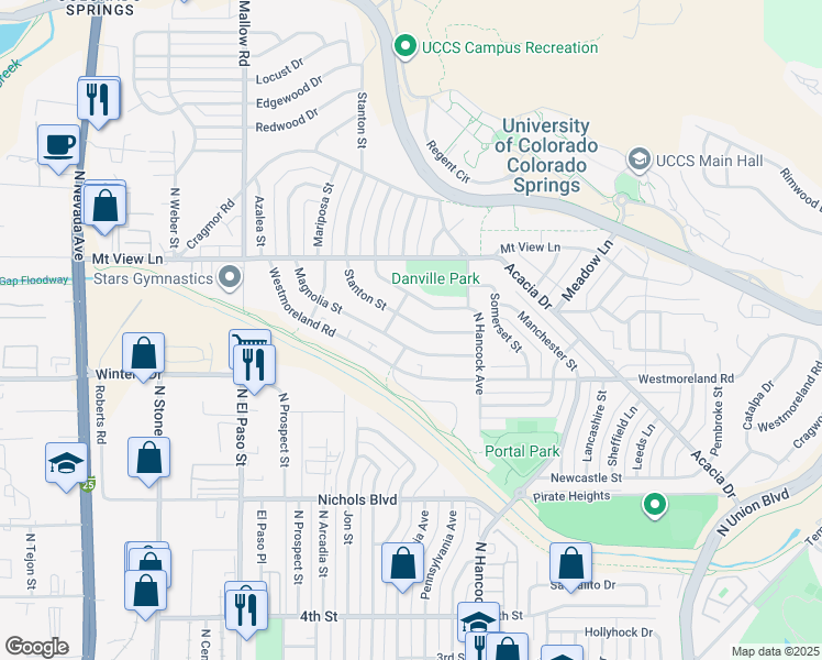 map of restaurants, bars, coffee shops, grocery stores, and more near 1143 Stanton Street in Colorado Springs