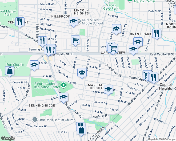 map of restaurants, bars, coffee shops, grocery stores, and more near 120 50th Street Southeast in Washington
