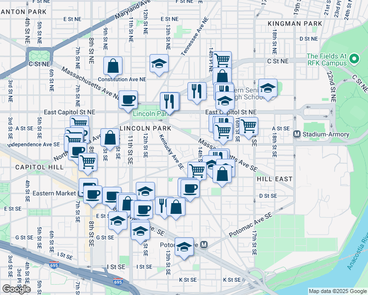 map of restaurants, bars, coffee shops, grocery stores, and more near 101 Independence Avenue Southeast in Washington