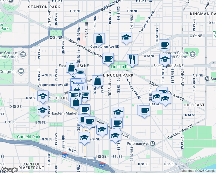 map of restaurants, bars, coffee shops, grocery stores, and more near 101 Independence Avenue Southeast in Washington