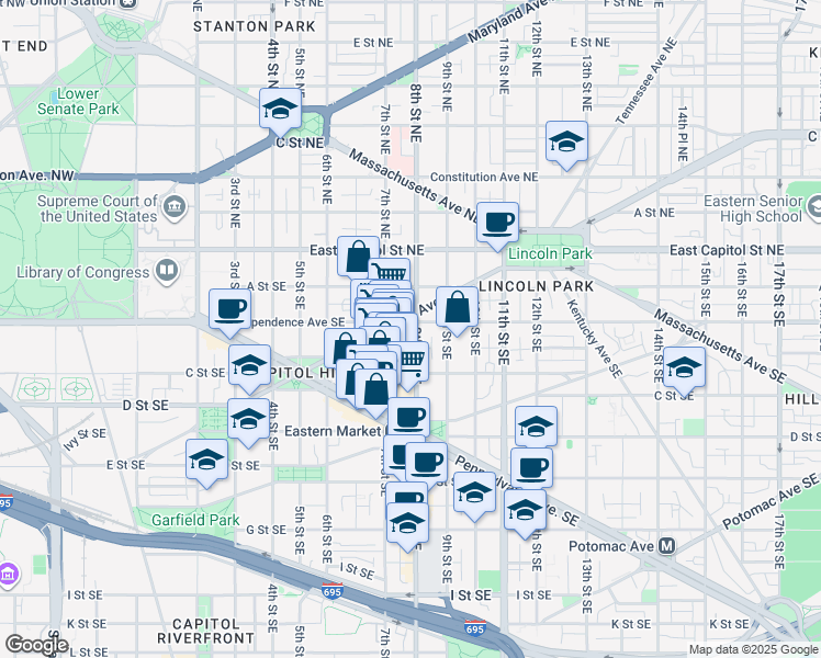 map of restaurants, bars, coffee shops, grocery stores, and more near 101 Independence Avenue Southeast in Washington