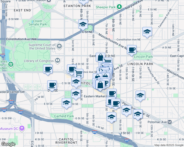 map of restaurants, bars, coffee shops, grocery stores, and more near 101 Independence Avenue Southeast in Washington
