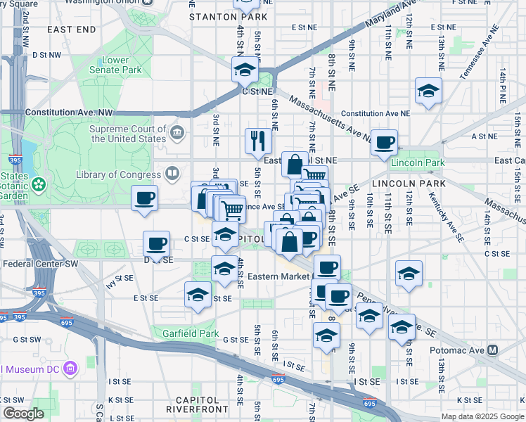 map of restaurants, bars, coffee shops, grocery stores, and more near 101 Independence Avenue Southeast in Washington