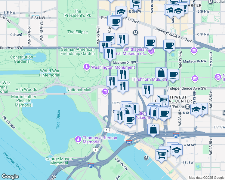 map of restaurants, bars, coffee shops, grocery stores, and more near 101 Independence Avenue Southeast in Washington