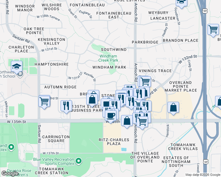 map of restaurants, bars, coffee shops, grocery stores, and more near 8918 West 132nd Terrace in Overland Park