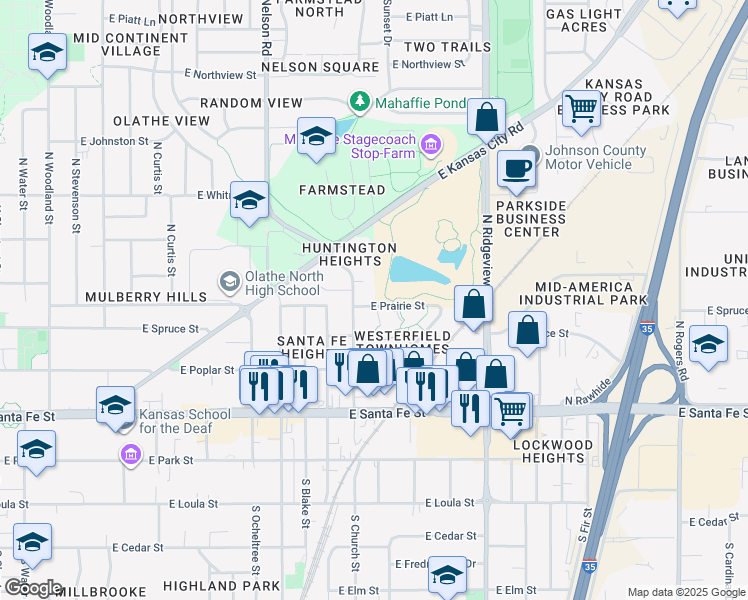 map of restaurants, bars, coffee shops, grocery stores, and more near 1047 East Prairie Street in Olathe
