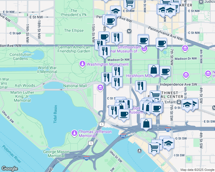 map of restaurants, bars, coffee shops, grocery stores, and more near 1400 Independence Avenue Southwest in Washington