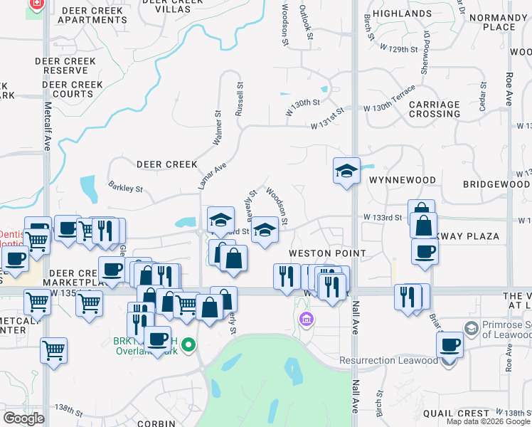 map of restaurants, bars, coffee shops, grocery stores, and more near 13223 Beverly Street in Leawood