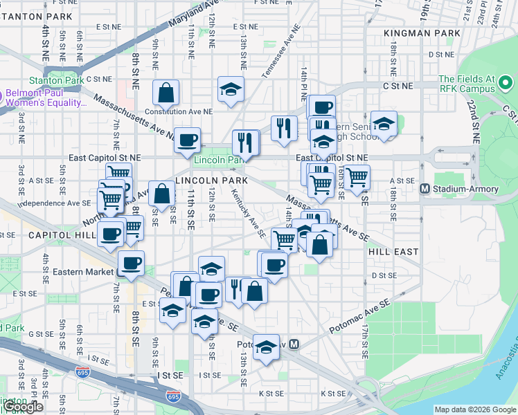 map of restaurants, bars, coffee shops, grocery stores, and more near 1313 Independence Avenue Southeast in Washington