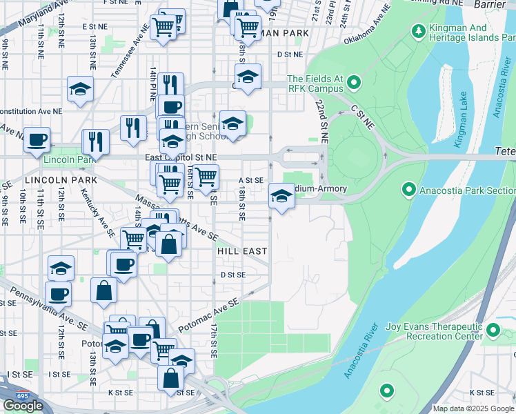map of restaurants, bars, coffee shops, grocery stores, and more near 1827 Independence Avenue Southeast in Washington