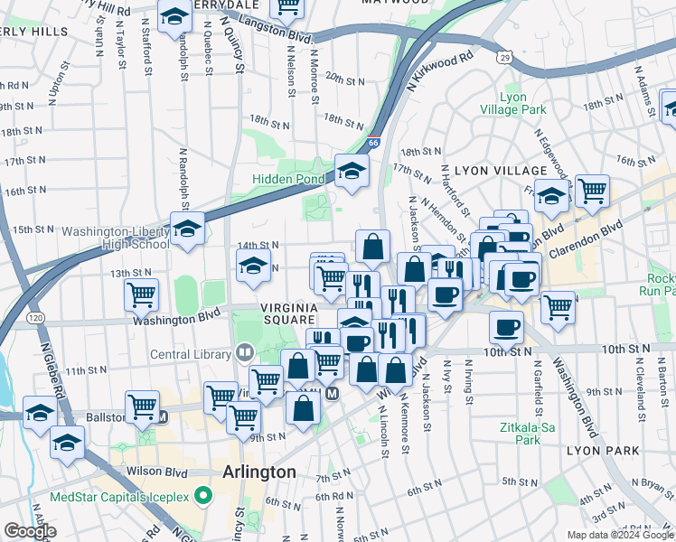 map of restaurants, bars, coffee shops, grocery stores, and more near 3450 13th Street North in Arlington