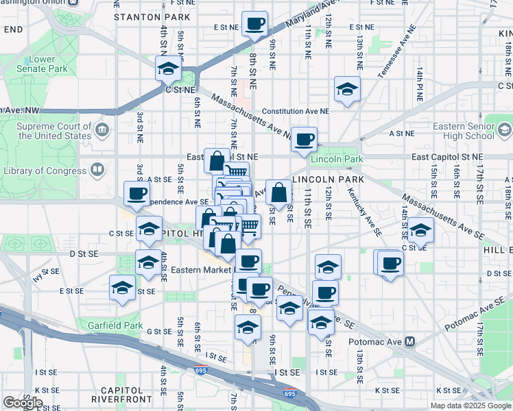 map of restaurants, bars, coffee shops, grocery stores, and more near 801 Independence Avenue Southeast in Washington
