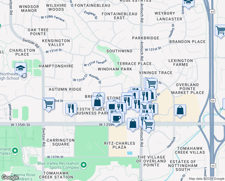 map of restaurants, bars, coffee shops, grocery stores, and more near 8918 West 132nd Terrace in Overland Park