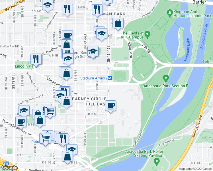 map of restaurants, bars, coffee shops, grocery stores, and more near 1841 Independence Avenue Southeast in Washington