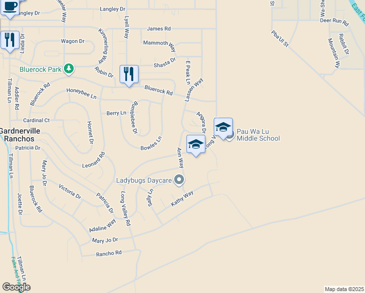 map of restaurants, bars, coffee shops, grocery stores, and more near 695 Ann Way in Gardnerville