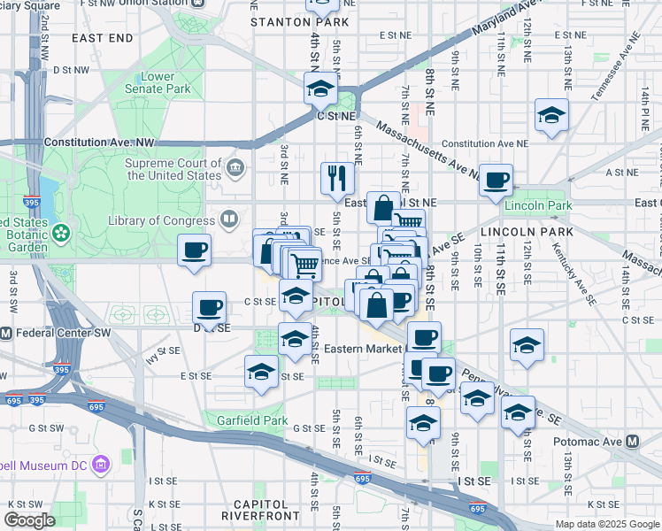 map of restaurants, bars, coffee shops, grocery stores, and more near 419 Independence Avenue Southeast in Washington