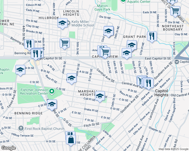 map of restaurants, bars, coffee shops, grocery stores, and more near 5117 A Street Southeast in Washington
