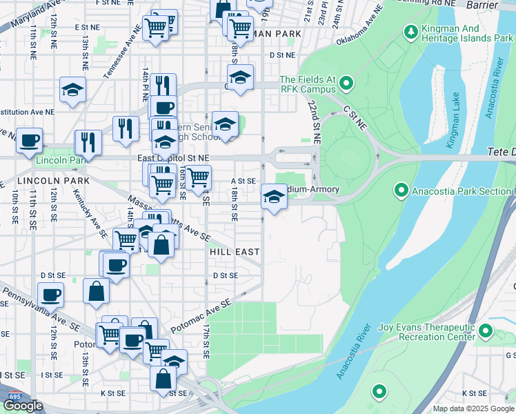 map of restaurants, bars, coffee shops, grocery stores, and more near 1841 Independence Avenue Southeast in Washington