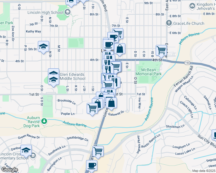 map of restaurants, bars, coffee shops, grocery stores, and more near 150 G Street in Lincoln