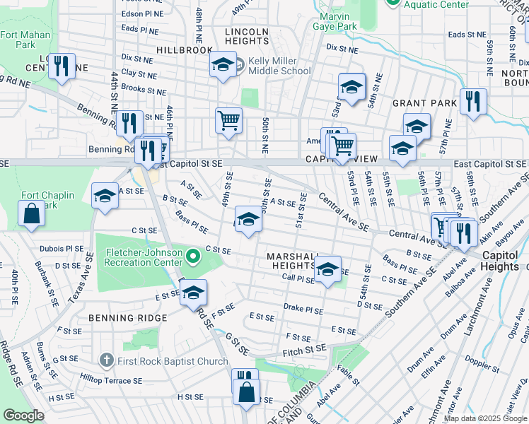 map of restaurants, bars, coffee shops, grocery stores, and more near 120 50th Street Southeast in Washington