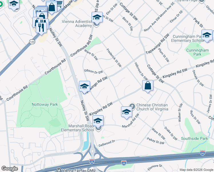 map of restaurants, bars, coffee shops, grocery stores, and more near 601 Truman Cir SW in Vienna