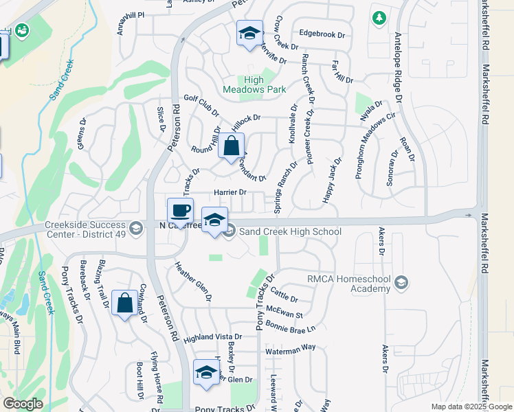 map of restaurants, bars, coffee shops, grocery stores, and more near 3758 Swainson Drive in Colorado Springs