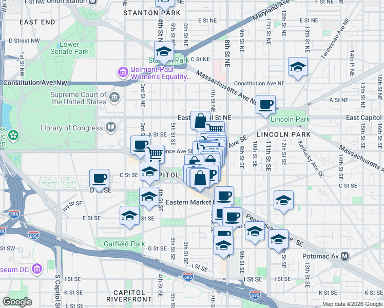 map of restaurants, bars, coffee shops, grocery stores, and more near 101 Independence Avenue Southeast in Washington