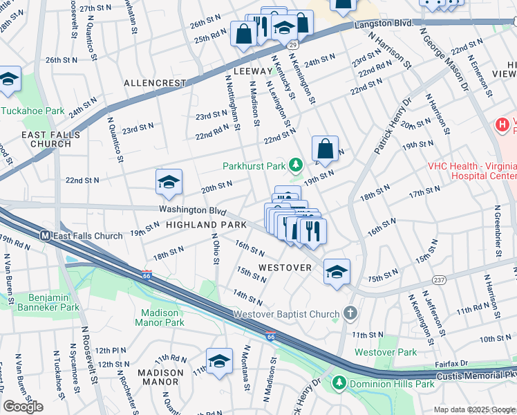 map of restaurants, bars, coffee shops, grocery stores, and more near 5912 19th Street North in Arlington