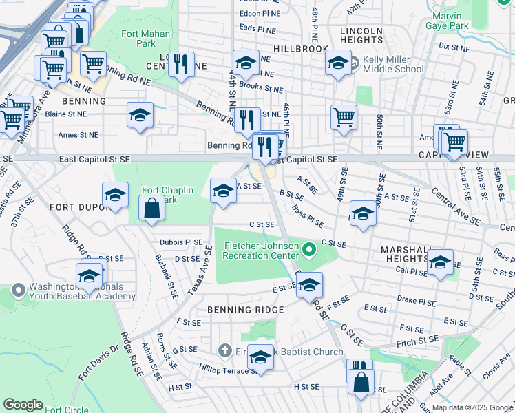 map of restaurants, bars, coffee shops, grocery stores, and more near 4473 B Street Southeast in Washington