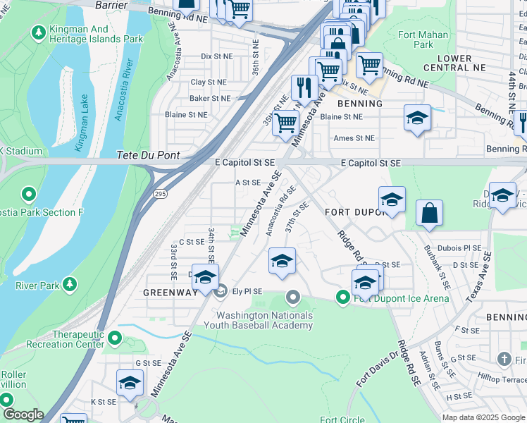 map of restaurants, bars, coffee shops, grocery stores, and more near 200 36th Street Southeast in Washington