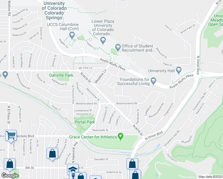 map of restaurants, bars, coffee shops, grocery stores, and more near 1429 Columbine Road in Colorado Springs