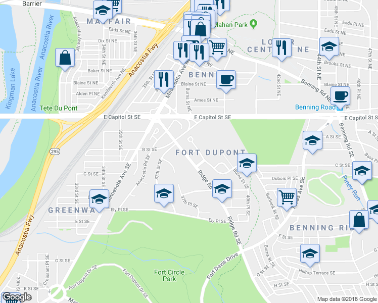 map of restaurants, bars, coffee shops, grocery stores, and more near 3804 Bay Lane Southeast in Washington