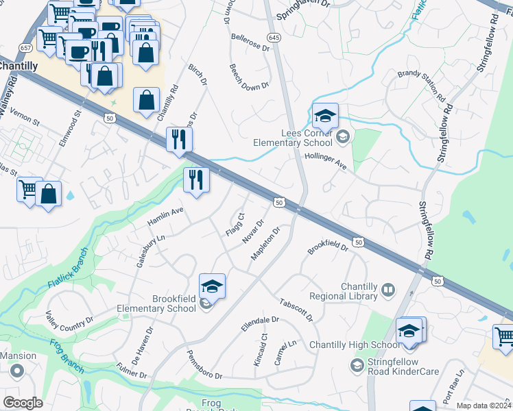 map of restaurants, bars, coffee shops, grocery stores, and more near 3021 Virginia Dare Court in Chantilly