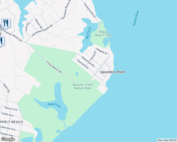 map of restaurants, bars, coffee shops, grocery stores, and more near 1529 Warfield Road in Edgewater