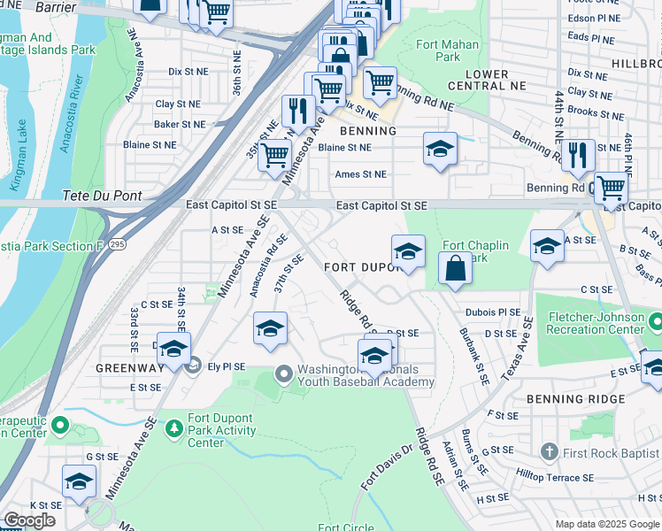 map of restaurants, bars, coffee shops, grocery stores, and more near 3804 Bay Lane Southeast in Washington