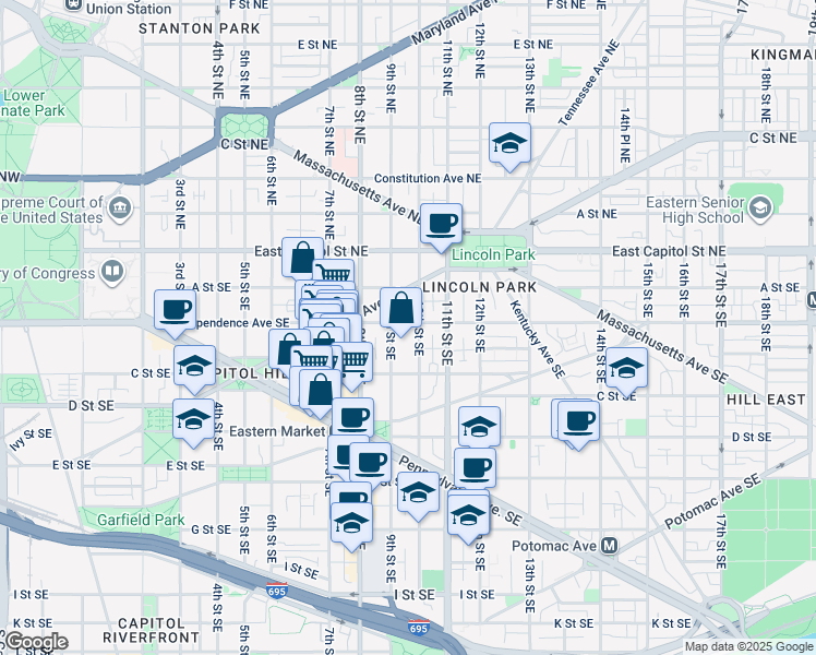 map of restaurants, bars, coffee shops, grocery stores, and more near 911 Independence Avenue Southeast in Washington