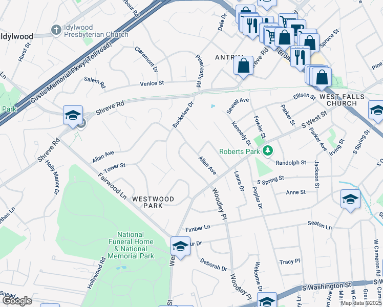 map of restaurants, bars, coffee shops, grocery stores, and more near 7301 Allan Avenue in Falls Church