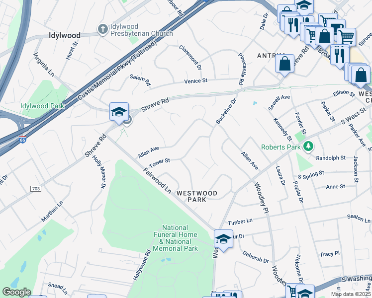 map of restaurants, bars, coffee shops, grocery stores, and more near 7412 Tower Street in Falls Church