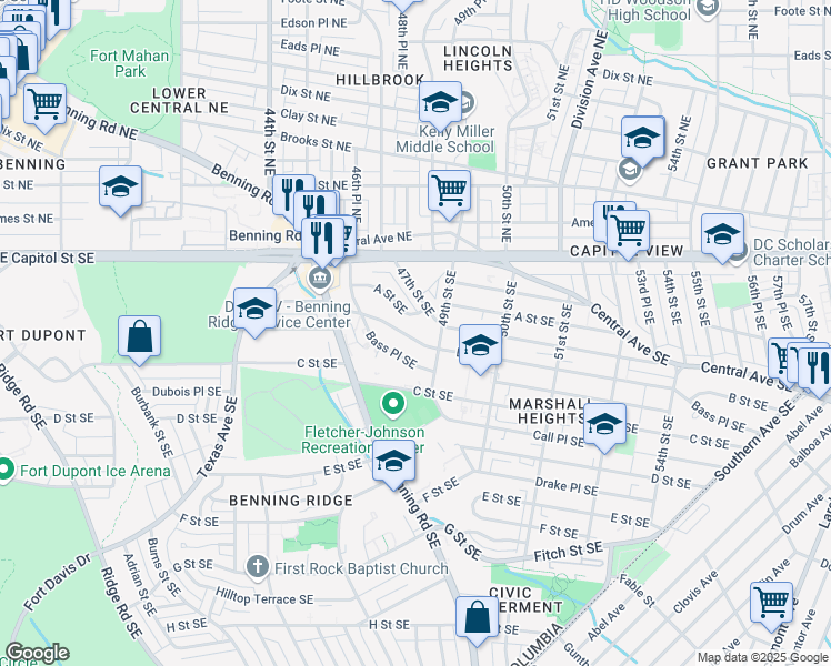 map of restaurants, bars, coffee shops, grocery stores, and more near 4806 B Street Southeast in Washington